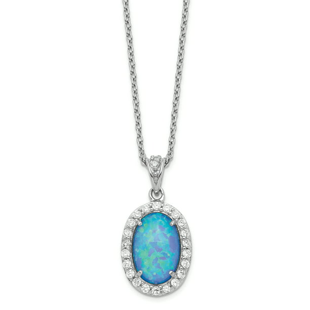 Radiant Shape Lab Created Blue Opal & Cubic Zirconia .925 Sterling Silver Pendant 